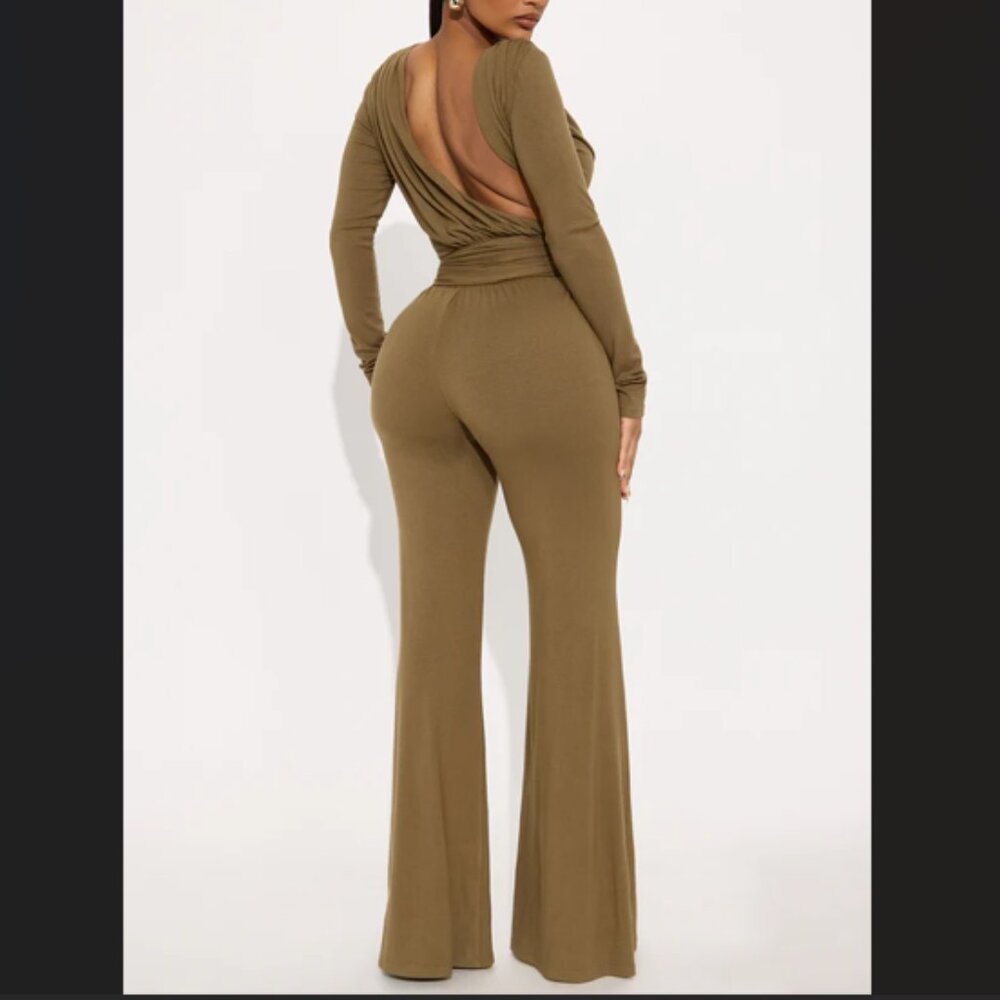Fashion Nova Isabella Ribbed Long Sleeve Jumpsuit Olive Jersey Knit Wide-leg LRG